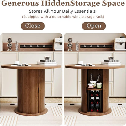 Wildhome Round Dining Table for 2-3, 31 Inch Dining Room Kitchen Table with 2-Tier Storage Shelf & Wine Rack, Modern Farmhouse Fluted Wood Slide Door Dinner Furniture,Circle(Non scalable-32 In-Walnut)