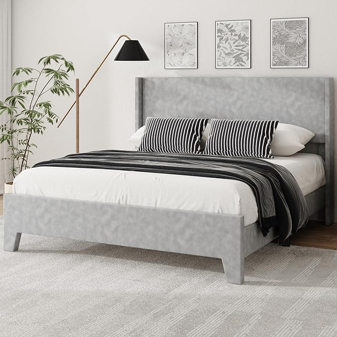 Queen Bed Frame with Faux Leather Upholstered Headboard, Wear-Resistant, Easy Clean, Mattress Foundation, No Box Spring Required, Easy Assembly, Grey