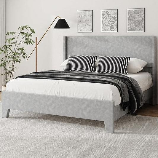 Queen Bed Frame with Faux Leather Upholstered Headboard, Wear-Resistant, Easy Clean, Mattress Foundation, No Box Spring Required, Easy Assembly, Grey