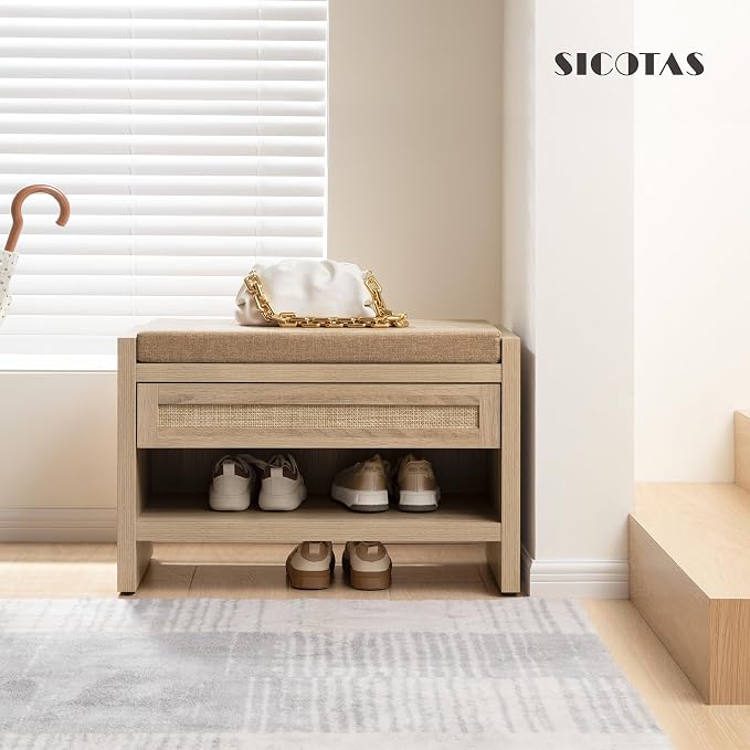 SICOTAS Rattan Shoe Bench Entryway Bench with Storage Drawer and Linen Seat Cushion, Farmhouse Boho Shoe Rack with Shelf, Wooden Storage Bench for Entryway Hallway and Bedroom, Light Oak, 2PCS