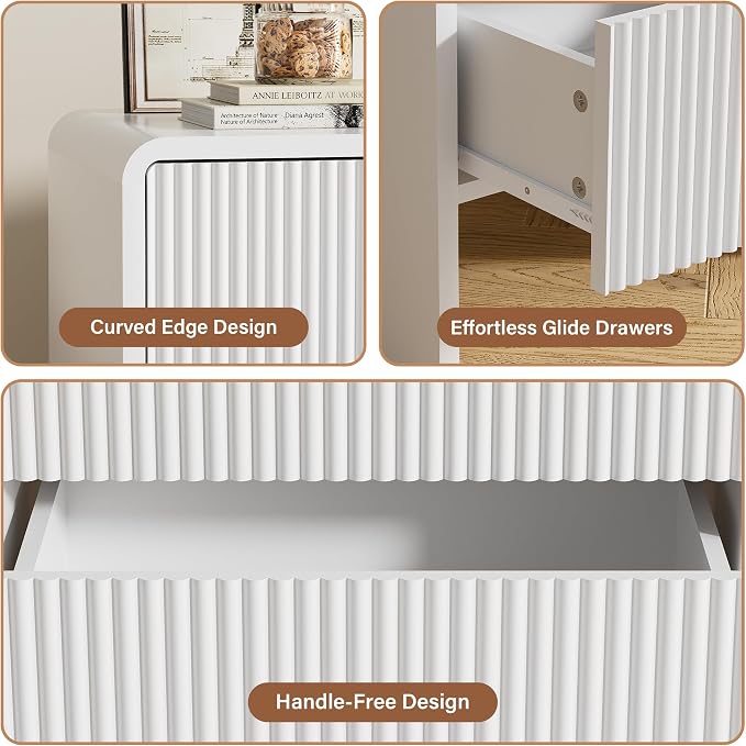 Furniway Set of 2 Modern Curved Nightstand with 2 Drawers, Push-to-Open Wooden Bedside Table, Minimalist End Table for Bedroom, White