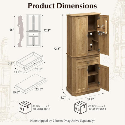 72.2" Tall Kitchen Pantry Cabinet with Doors, Farmhouse Storage Cabinet with Charging Station & LED Light, Drawer, Adjustable Shelves and Pull-Out Shelves, Oak Wood Pantry Cupboard for Dining Room