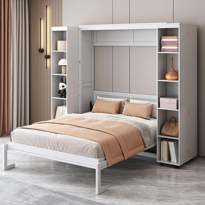 Queen Murphy Bed with Storage Doors, Space Saving Wall Bed Cabinet | Hydraulic lift helps raise and lower the bed, while hidden side storage keeps bedding and daily essentials organized