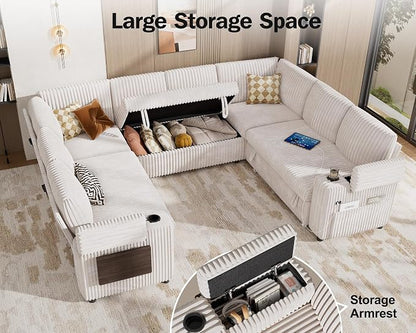 Vipbear 111" Modular Sectional Sleeper Sofa with Pull Out Bed, 8 Seat Plush Corduroy U Shaped Couch with Storage Chaise|USB Ports|Cup Holders|Side Table| Storage Armrests, Tool Free Assembly, Beige