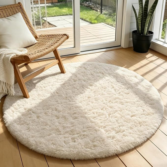 Ophanie Round Rugs 3Ft Ivory Circle Area Rug Washable, Nursery Bedroom Carpet, Small Fluffy Fuzzy Plush Soft Shaggy Cream Living Room Christmas Aesthetic Decor for Kids Boys Girls Teen Baby Home, Dorm