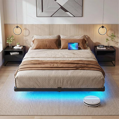 Liians Queen Size Floating Bed Frame with USB Charging Station and LED Lights, Modern Metal Platform Bed Frame with Mattress Slide Stopper, Noise Free No Box Spring Needed and Easy Assembly