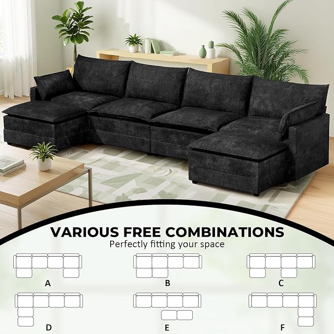 LEVELEVE 147" U-Shape Modular Sofa with 2 Ottomans, Deep Seat Cloud Convertible Sleeper, 2 Arm Pillows, Comfortable Large Upholstered Furniture for Living Room Apartment, Black