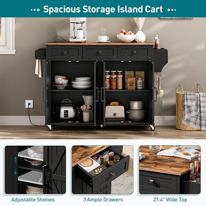 RALGEND Kitchen Island with Drop Leaf & Power Outlet, Rolling Kitchen Island Cart On Wheels, Barn Door Kitchen Island Table with Storage, Island Table for Kitchen, Black and Rustic Brown