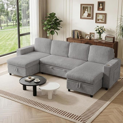 Modular Sectional Sleeper Sofa with Pull Out Bed, Plush Corduroy U Shaped Couch with Storage Chaise, USB Ports, Cup Holders, Comfy Cloud Couches for Living Room, Grey