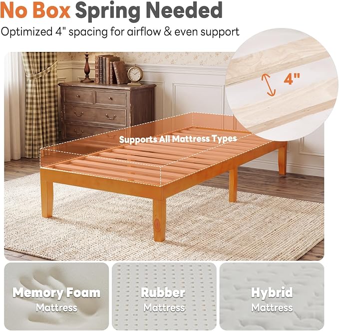 Sweetcrispy Twin Size Bed Frame 14 inch Heavy Duty Platform Bedframe, 500 lbs Capacity, Underbed Storage, No Box Spring Needed, Wooden Slats, Easy Assembly with Velcro, Honey Finish