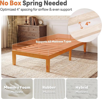Sweetcrispy Twin Size Bed Frame 14 inch Heavy Duty Platform Bedframe, 500 lbs Capacity, Underbed Storage, No Box Spring Needed, Wooden Slats, Easy Assembly with Velcro, Honey Finish