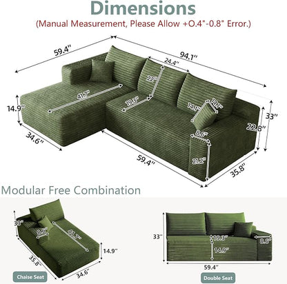 95" Modular Sectional Sofa, Modern Corduroy Cloud Couch with Side Pockets, Boneless Couch Upholstered 3-Seater L-Shaped Sofa for Living Room, No Assembly Required (Green,Left-Facing Chaise)