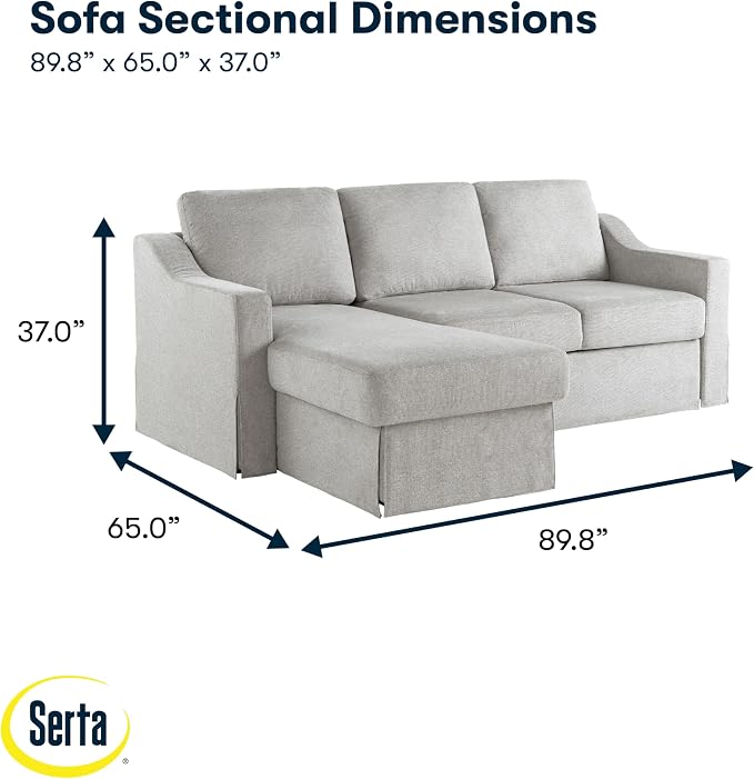 Serta Hawthorne 89.8" Slipcovered Convertible Sleeper Sofa Chaise, Queen Size, Dreamcoil Comfort, Reversible Storage Chaise, Polyester Tweed Fabric, Linen
