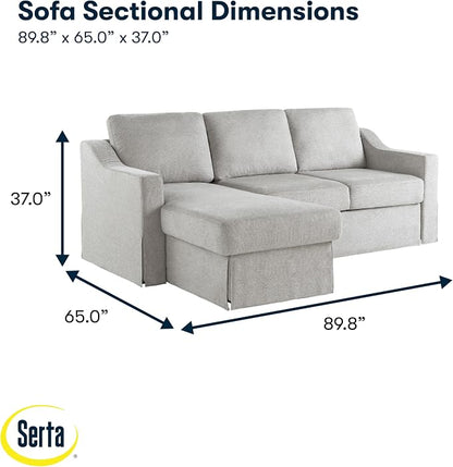 Serta Hawthorne 89.8" Slipcovered Convertible Sleeper Sofa Chaise, Queen Size, Dreamcoil Comfort, Reversible Storage Chaise, Polyester Tweed Fabric, Linen