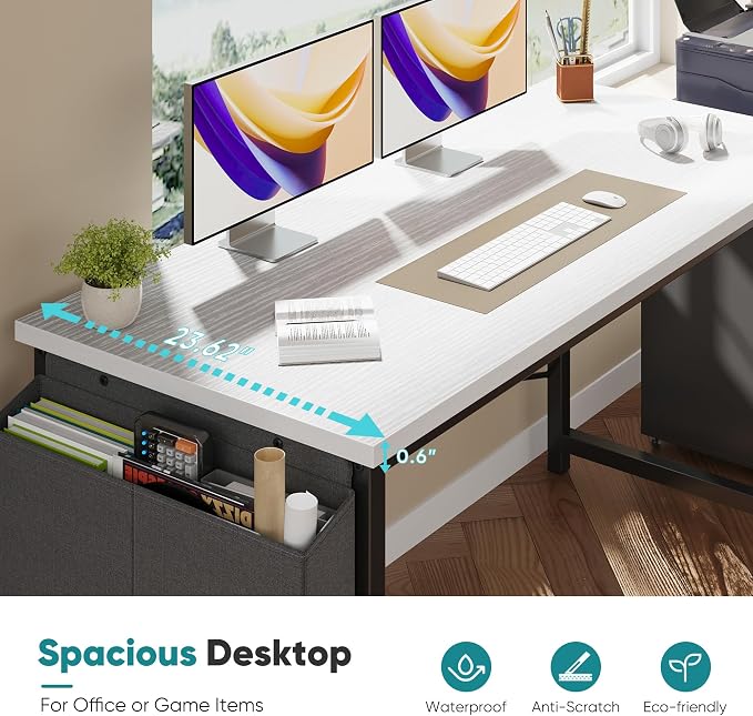 OLIXIS Computer Desk, 63 Inch Home Office Desks for Small Spaces, Writing Craft Study Gaming Table for Bedroom, Modern Computer Workstation with Storage Bag, White