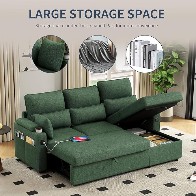 104.7" U-Shaped Sectional Sofa Couch, Pull-Out Sleeper Sofa Bed with Storage Chaise, Double Cup Holders, Dual USB Charging Ports, Couches for Living Room Apartment