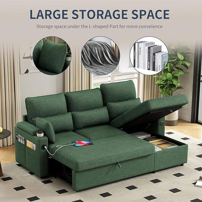 104.7" U-Shaped Sectional Sofa Couch, Pull-Out Sleeper Sofa Bed with Storage Chaise, Double Cup Holders, Dual USB Charging Ports, Couches for Living Room Apartment