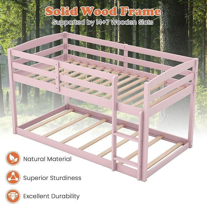 Giantex Twin Low Bunk Bed, Solid Wood Twin Over Twin Bunk Bed Frame with Full Guardrails & Integrated Ladder, Floor Twin Bunk Beds for Kids Boys and Girls, No Box Spring Needed (Pink)