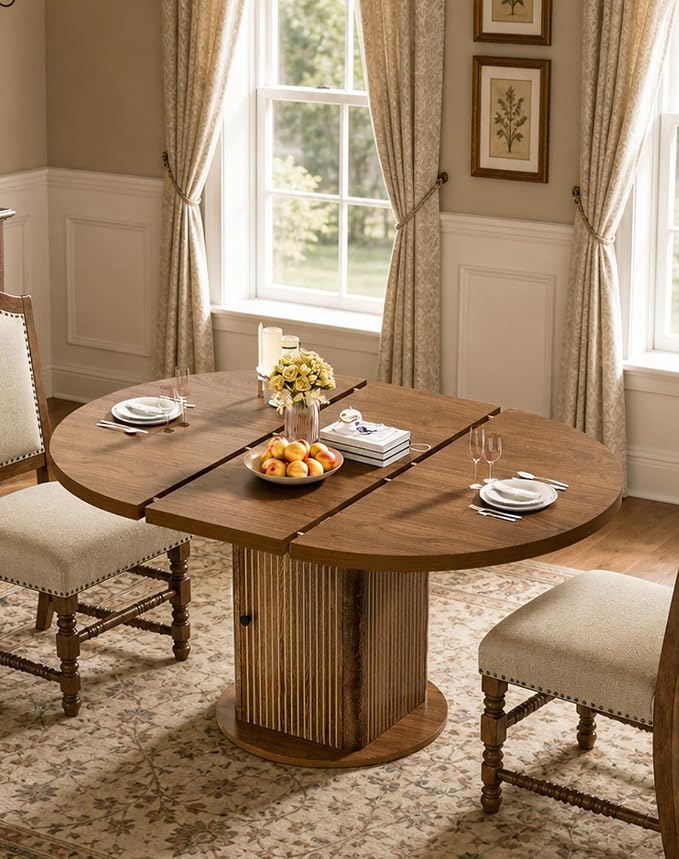 43"-59" Extendable Round Dining Table for 4-8 with Hidden Storage, Oval Dining Room Table with Removable Leaves, Modern Farmhouse Fluted Wood Kitchen Table for Living Room, Walnut