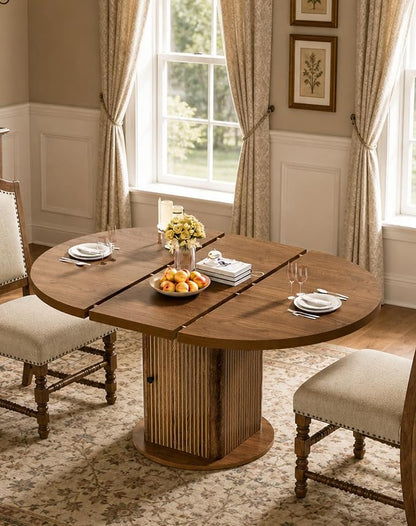 43"-59" Extendable Round Dining Table for 4-8 with Hidden Storage, Oval Dining Room Table with Removable Leaves, Modern Farmhouse Fluted Wood Kitchen Table for Living Room, Walnut