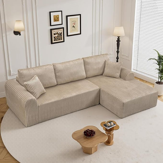 110" L Shaped Boneless Sectional Couches for Living Room, Comfy Corduroy Floor Cloud Sofa with Chaise, Wide Armrest, Deep Seat, Memory Foam, Assembly Free, Ideal for Small Spaces, Brown