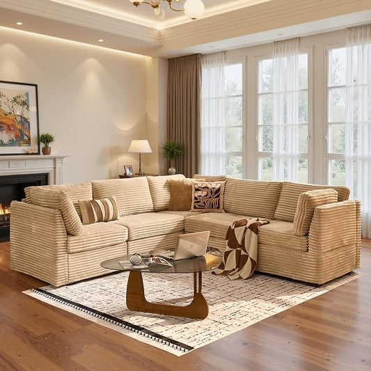 ovios Modular Sectional Sofa Couch with V-Shape Chaise Convertible, Comfy Plush Corduroy Cloud Couches, Modern Luxury Deep Seat Sofas Set for Living Room, 5-Seater, Beige