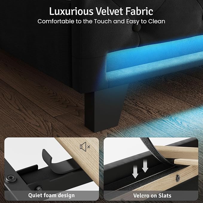 Belffin King Size Bed Frame with Headboard,50" Tall Headboard Upholstered Velvet Platform Bed with LED Lights & 2 USB Port/1 Type C Port, Button Tufted, No Box Spring Needed,Noise Free,Black