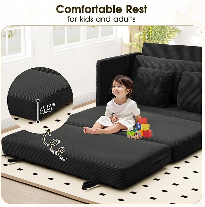 Myroyalsit 65" Convertible Loveseat Sofa Bed, 2-in-1 Folding Sofa Bed with 2 Pillow for Small Spaces, Modern Loveseat Sleeper Couch for Apartment, Living Room & Guest Room (Black Corduroy, 65 inch)