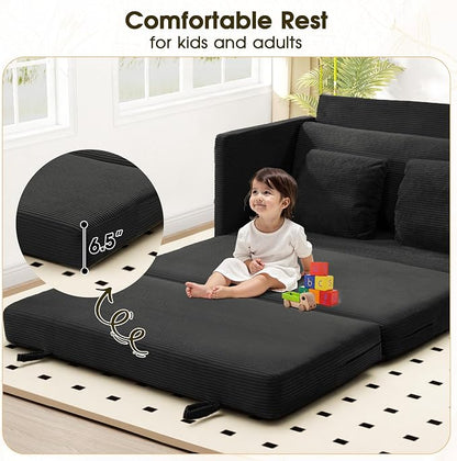 Myroyalsit 65" Convertible Loveseat Sofa Bed, 2-in-1 Folding Sofa Bed with 2 Pillow for Small Spaces, Modern Loveseat Sleeper Couch for Apartment, Living Room & Guest Room (Black Corduroy, 65 inch)