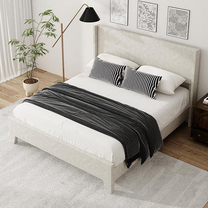 Queen Bed Frame with Faux Leather Upholstered Headboard, Wear-Resistant, Easy Clean, Mattress Foundation, No Box Spring Required, Easy Assembly, Beige