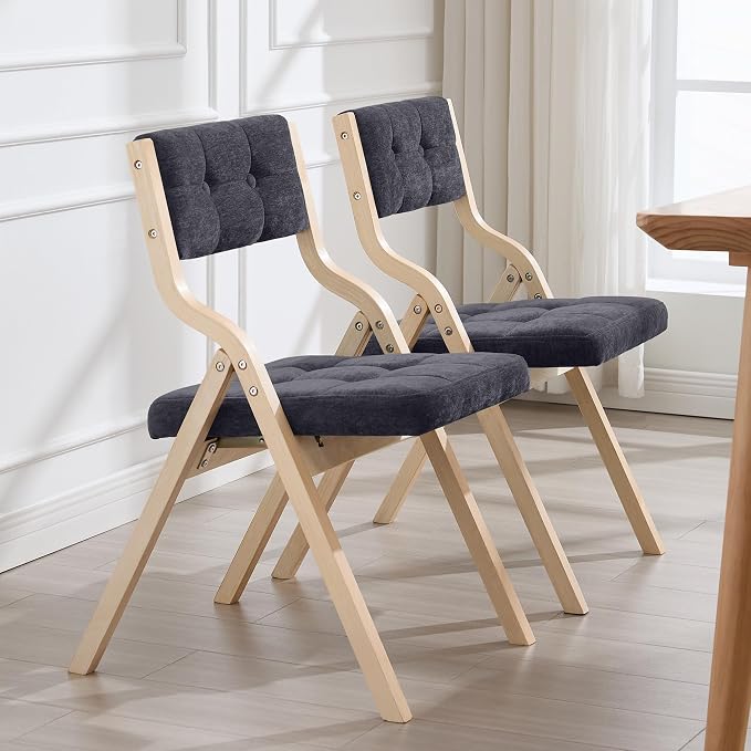 2-Pack Folding Dining Chairs with Cushion,Padded Foldable Dining Chairs,Portable Wooden Folding Chairs with Tufted Buttons Seat for Dining Rooms Kitchen Wedding and Party Indoor Darkgrey