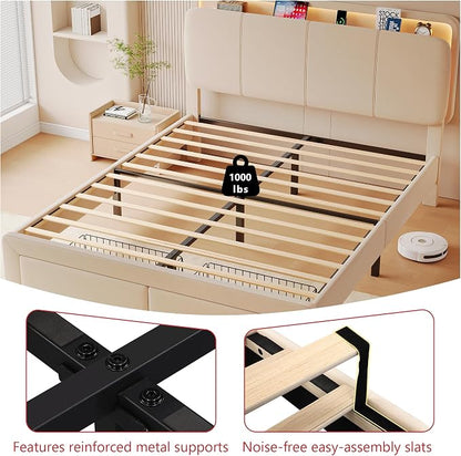 Feonase Queen Upholstered Bed Frame with Headboard and 2 Storage Drawers, Built-in Charging Station, Velvet Platform LED Bed with Solid Wood Slat Support, No Box Spring Needed, Beige