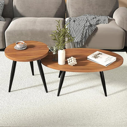 2-Piece Nesting Coffee Table Set, Oval & Round Mid-Century Modern Side Tables with MDF Tabletop & Metal Tapered Legs, Accent Table Set for Living Room, Small Spaces, Walnut