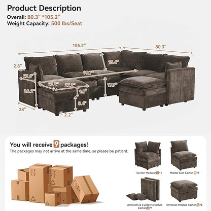 105" Brown Modular Storage Sofa, U Shaped Chenille Couch with 2 Ottomans | Oversized Convertible Sectional Sofa, 6-Seat Sectional Couch With 2 Ottomans, Large Cloud Couch For Living Room, Apartment.