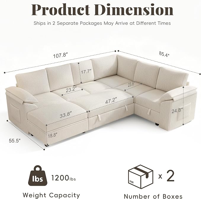 108 Inch Sectional Sleeper Sofa Bed with Pull Out Couch, U Shaped 7 Seat Cloud Modular Sectional Sofa with Storage, Corduroy Sectional Couches for Living Room, Removable Sofa Cover, Beige