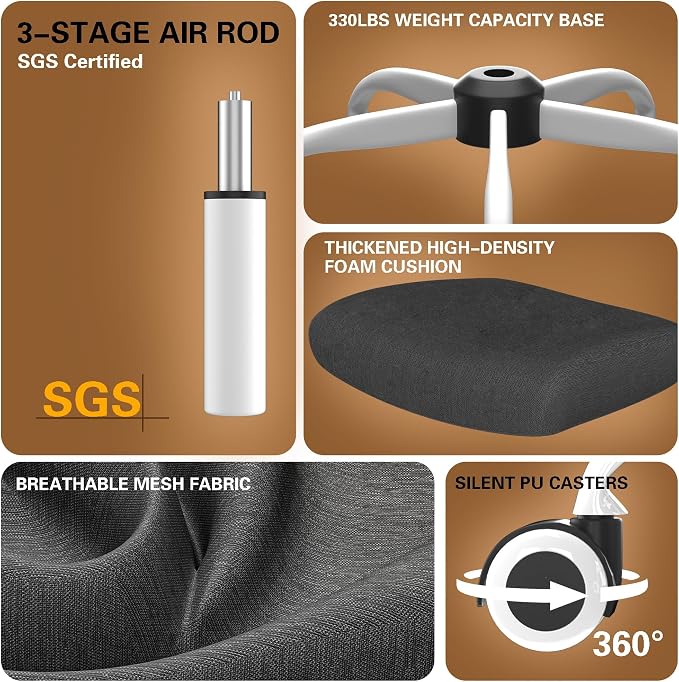 Ergonomic Office Chair for Long Hours, Padded Lumbar Support for Lower Back Relief, 330 lb Capacity, Comfortable Computer Desk Chair for Home Office, Computer & Study