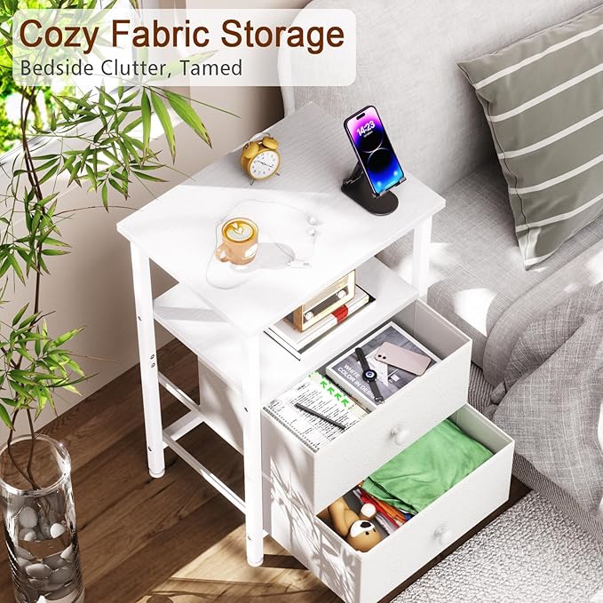 LOAKEKEL Nightstands Set of 2, Night Stand with 2 Fabric Drawers, Bed Side Table with Open Storage Shelf for Bedroom, Small End Tables Living Room, White, HETS002WP