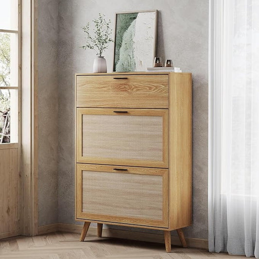 MU Natural Rattan Shoe Cabinet, Entryway Shoe Cabinet with 2 Flip Drawers and Hidden Cabinet, Boho Shoe Organizer Cabinet, Wooden Shoe Storage Cabinet for Entrance, Hallyway, Natural