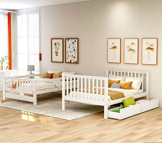 RUNNA Full Over Full Bunk Bed, Convertible, Storage Stairs White | Full over full bunk bed, convertible split design, storage stairs, solid pine wood, guardrails, no box spring needed,White