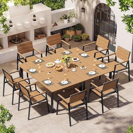 Outdoor Dining Set for 8, Patio Table and Chairs Set with Umbrella Hole, 10 Pieces HDPS + Aluminum Outdoor Furniture Sets for Patio, Garden (Gray & Teak)