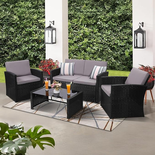 KROFEM 4-Piece Patio Furniture Set, Wicker Outdoor Rattan Sectional Sofa with Cushions and Glass Table, All-Weather Outdoor Conversation Set for Garden, Porch, Backyard, Patio, Black and Grey