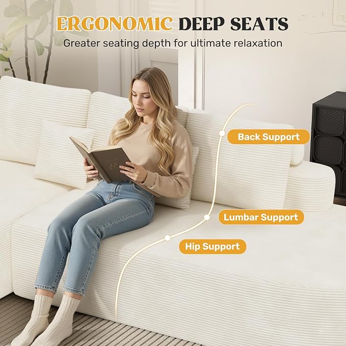 112" Modern Curved Cloud Couch, Boneless Couches for Living Room with Deep Seat, Memory Foam Compressed Modular Sectional Sofa, No Assembly Required,Beige 1 PCS