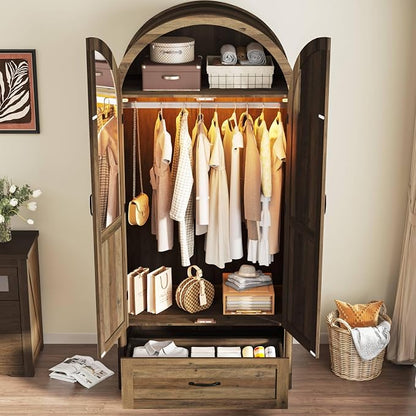 Squireewo 2 Doors Armoire Wardrobe Closet with Doors and Drawers, 71" Farmhouse Arched Wooden Wardrobe Cabinet with Mirror and Lights, Large Armoire Storage Cabinet with Shelves & Hanging Rod,Oak