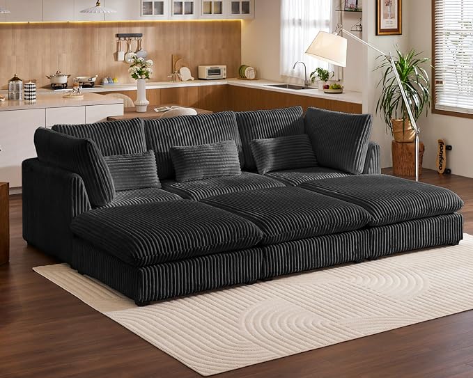 115" Oversized Corduroy Couch Modular Sectional Sofa, Washable Cloud Couch Sectional with 3 Ottoman, 6 Seater Sectional Couches for Living Room, Fully Cover Removable, Sleeper Sofa, Corduroy, Black
