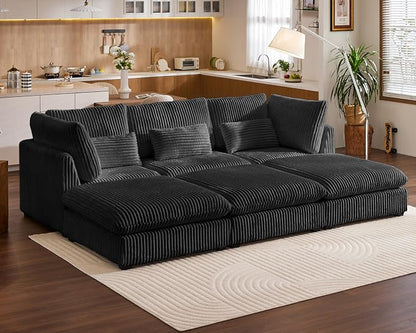 115" Oversized Corduroy Couch Modular Sectional Sofa, Washable Cloud Couch Sectional with 3 Ottoman, 6 Seater Sectional Couches for Living Room, Fully Cover Removable, Sleeper Sofa, Corduroy, Black