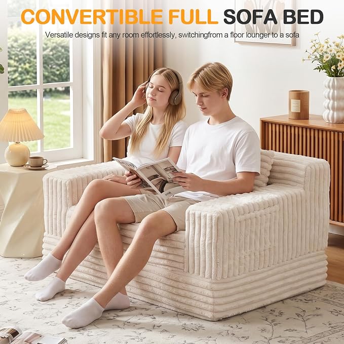 Erament Boneless Loveseat Convertible Sofa Bed, Folding Floor Futon Sleeper Sofa Couch Bed- Boneless Foldable Couch, Furry Pull Out Sofa Bed with 2 Pillows for Living Room & Bedroom