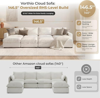 Cloud Couch Sectional 146.5'' Oversized Modular Deep Seat Sofa Bed Comfy White Cloud Couch with Washable Cover for Living Room 4 Seater with 4 Ottoman