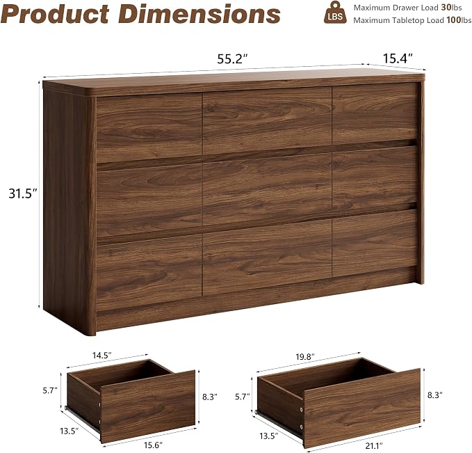 3 Pieces of Dresser and Nightstand Set,55 Inch Width 9-Drawer Dresser & 2-Drawer Nightstands Set of 2,Nightstand with USB&Type C Charging Station&Outlets, Modern Design for Bedroom, Walnut