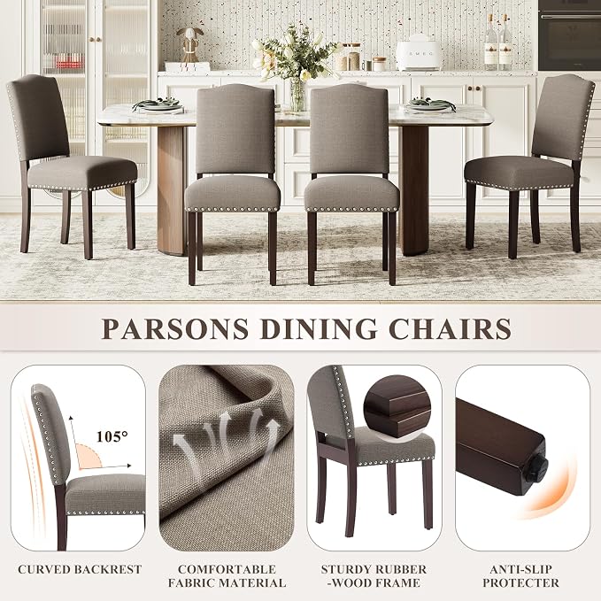Upholstered Parsons Dining Chairs Set of 2, Modern Dining Room Chairs with Back, Fabric Kitchen Side Chairs with Wood Legs, Nailhead Trim for Dinner Farmhouse Restaurant, Taupe