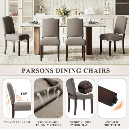 Upholstered Parsons Dining Chairs Set of 6, Modern Dining Room Chairs with Back, Fabric Kitchen Side Chairs with Wood Legs, Nailhead Trim for Dinner Farmhouse Restaurant, Taupe